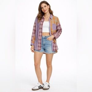Better Be Women’s Patchwork Plaid Button-Down Shirt Multicolor Oversized Flannel
